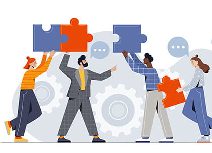 Illustration of group of people working together to create a jigsaw